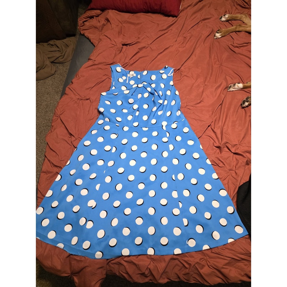 Dressbarn Womens Size 16 Blue Polka Dot Fit Flare Dress Bow Retro Sleeveless